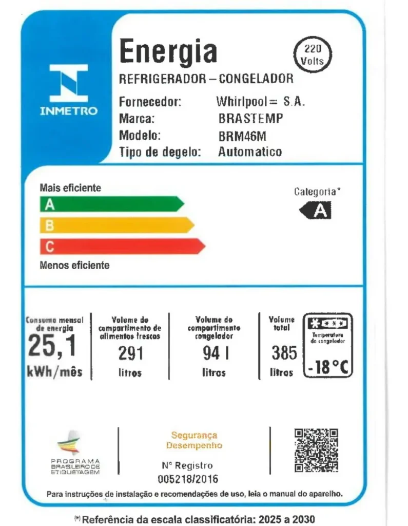 Selo Procel categoria A de eficiência energética presente nas geladeiras BRM46 e CRM44