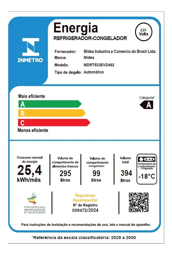 selo inmetro Geladeira Midea RT533 Frost Free entre as melhores geladeiras até R$ 3.000